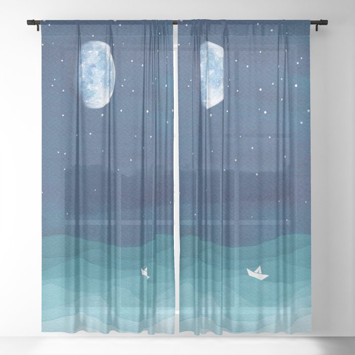 Moon Phase, teal watercolor Sheer Curtain