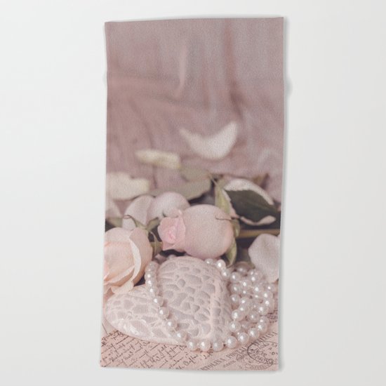 Soft Pink Nostalgic Rose and Heart Still Beach Towel