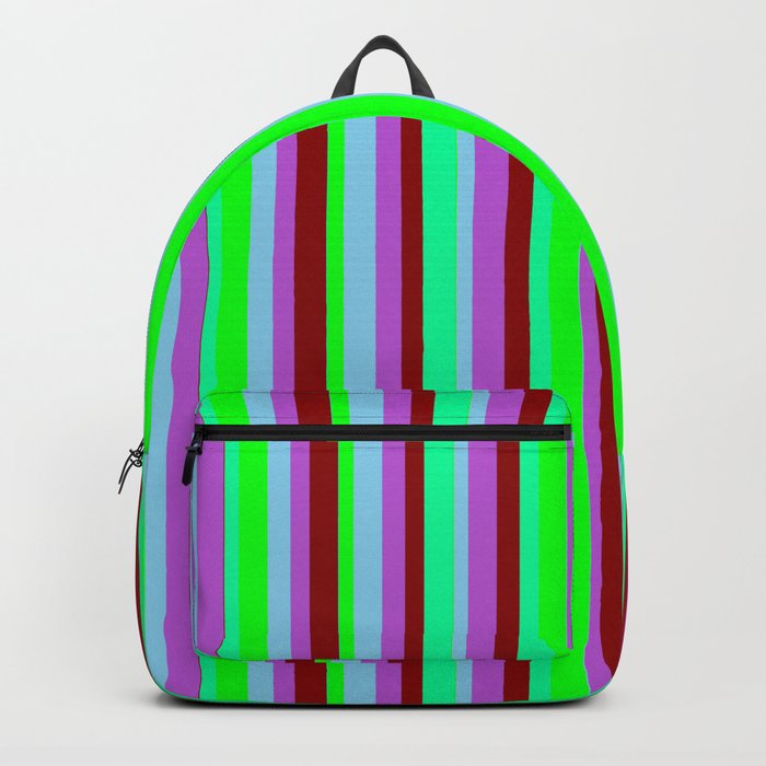 Eye-catching Orchid, Sky Blue, Lime, Green & Dark Red Colored Lined Pattern Backpack