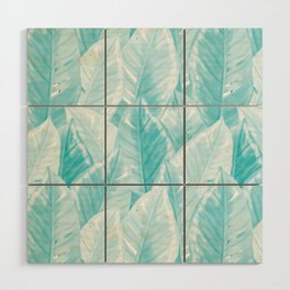 Watercolor Big Tropical Leaves in Turquoise Wood Wall Art