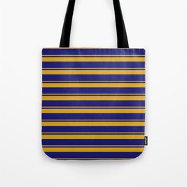 [ Thumbnail: Goldenrod and Midnight Blue Colored Striped/Lined Pattern Tote Bag ]
