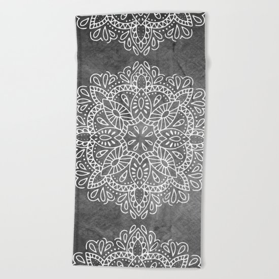 Mandala Vintage White on Ocean Fog Gray Beach Towel