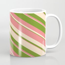 [ Thumbnail: Bisque, Green, and Light Coral Colored Striped/Lined Pattern Coffee Mug ]