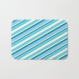 [ Thumbnail: Teal, Light Sky Blue, Turquoise & Mint Cream Colored Striped Pattern Bath Mat ]