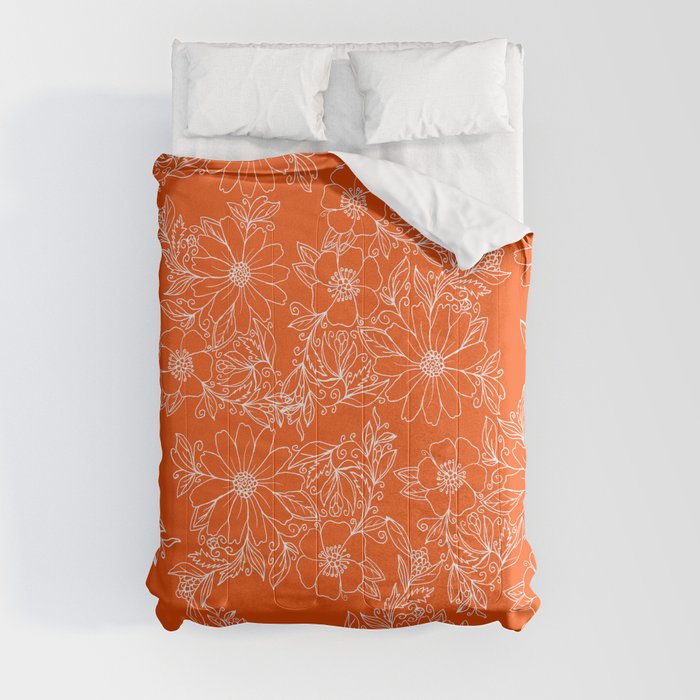 Hand drawn white bright orange modern floral Comforter