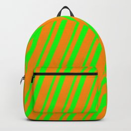 [ Thumbnail: Lime and Dark Orange Colored Stripes/Lines Pattern Backpack ]