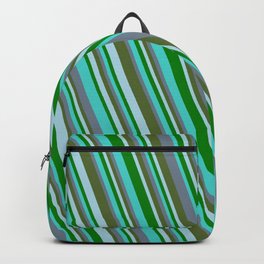 [ Thumbnail: Turquoise, Slate Gray, Dark Olive Green, Light Blue, and Green Colored Striped/Lined Pattern Backpack ]