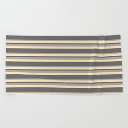 [ Thumbnail: Dim Grey, Dark Grey, and Beige Colored Stripes Pattern Beach Towel ]