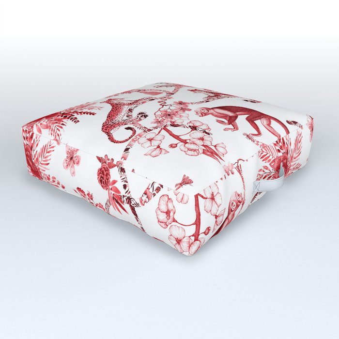 Chinoiserie Monkey Jungle Botanical Red Toile de Jouy Art Outdoor Floor Cushion