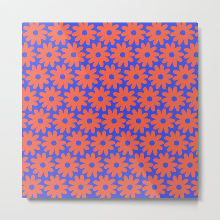 Crayon Flowers Cheerful Smudgy Floral Pattern in Coral and Bright Blue Metal Print