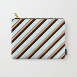 [ Thumbnail: Brown, Light Salmon, Black & Light Cyan Colored Stripes Pattern Carry-All Pouch ]
