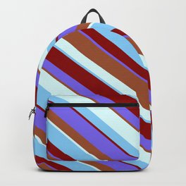 [ Thumbnail: Medium Slate Blue, Sienna, Light Cyan, Light Sky Blue, and Dark Red Colored Striped Pattern Backpack ]