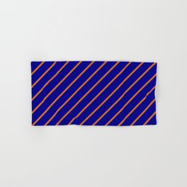 [ Thumbnail: Chocolate & Dark Blue Colored Pattern of Stripes Hand & Bath Towel ]
