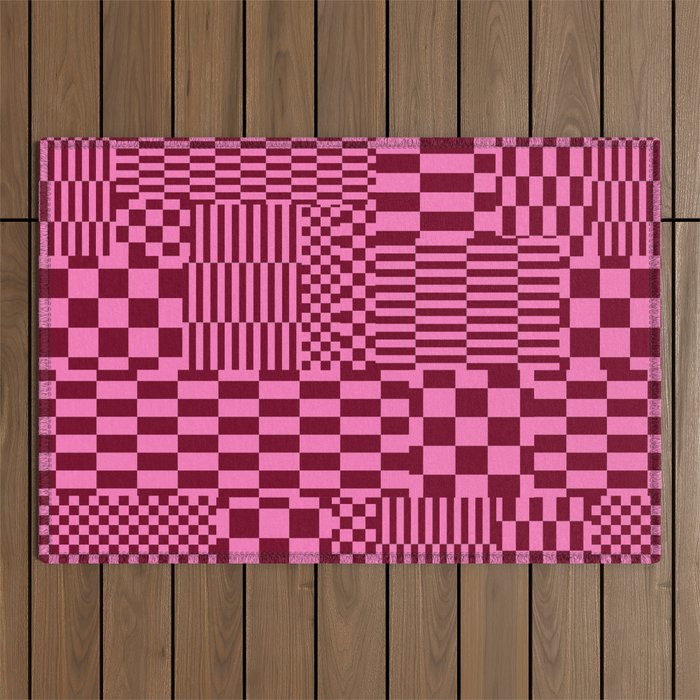 Glitchy Checkers // Raspberry Outdoor Rug