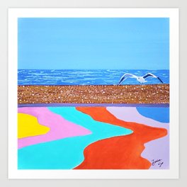 Fly over the rainbow Art Print | Cheerful, Outdoor, Seascape, Colorful, Bright, Painting, Eunicesoart, Vibrant, Bird, Sky 