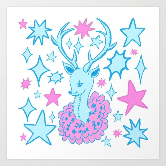 Mid-Century Deer - Pastel Blue & Pink Art Print