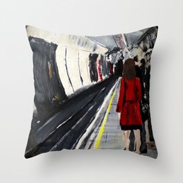 London Underground Subway Woman In Red Coat Throw Pillow