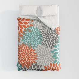 Floral Pattern, Abstract, Orange, Teal and Gray Duvet Cover