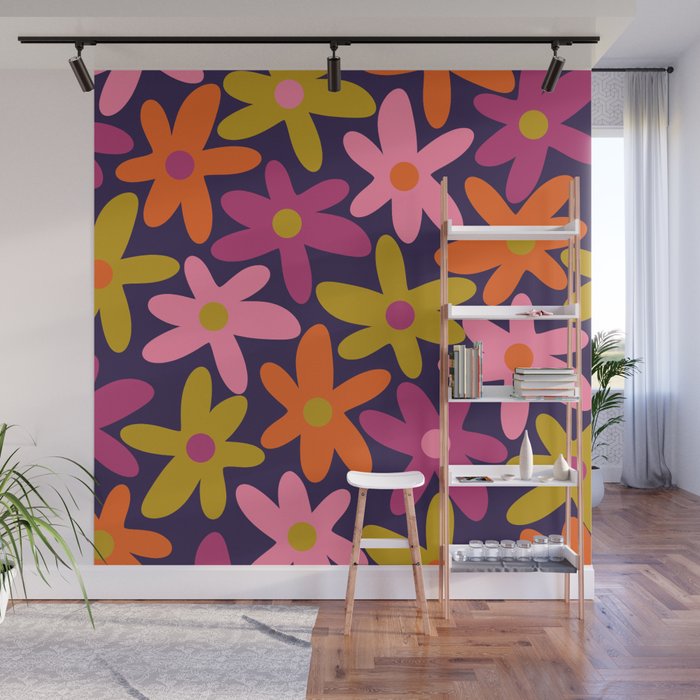 Daisy Time Retro Floral Pattern Pink Magenta Lime Orange Blue Wall Mural
