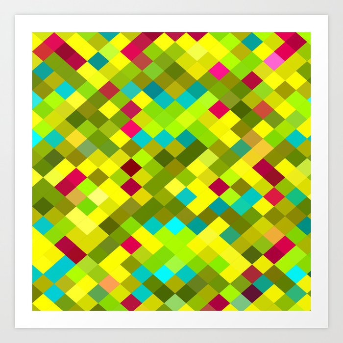 Geometric Square Pixel Pattern Abstract In Yellow Red Green Blue Art Print By Timla