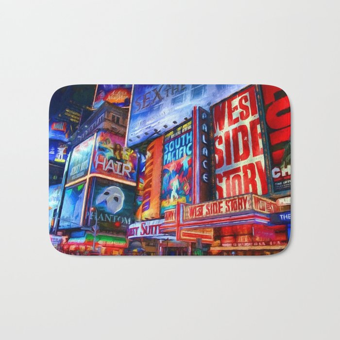 Nights on Broadway; New York City theater show district neon billboards landscape painting  Bath Mat