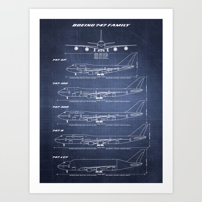 Boeing 747 Family Blueprint in High Resolution (dark blue) Art Print