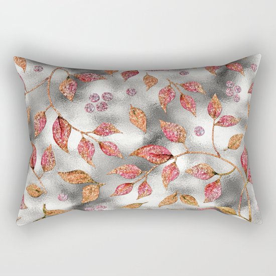 Autumworld- Sparkling pink glitter leaves on silver background #Society6 Rectangular Pillow