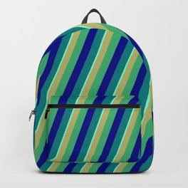 [ Thumbnail: Vibrant Dark Khaki, Sea Green, Dark Blue, Teal & Aquamarine Colored Striped Pattern Backpack ]