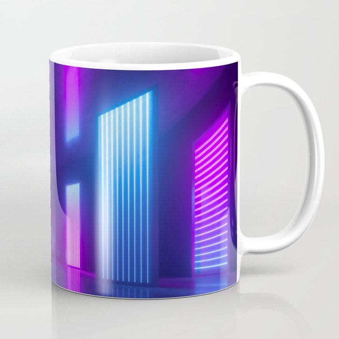 3d, blue pink violet neon abstract background, ultraviolet light, night club empty room interior, tunnel or corridor, glowing panels, fashion podium, performance stage decorations,  Coffee Mug