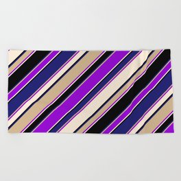 [ Thumbnail: Eye-catching Tan, Dark Violet, Beige, Black, and Midnight Blue Colored Lined/Striped Pattern Beach Towel ]