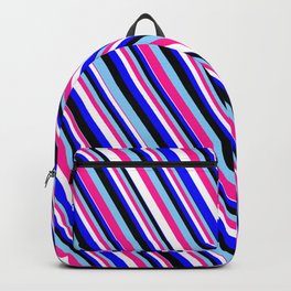 [ Thumbnail: Eyecatching Light Sky Blue, Deep Pink, White, Blue & Black Colored Lines Pattern Backpack ]