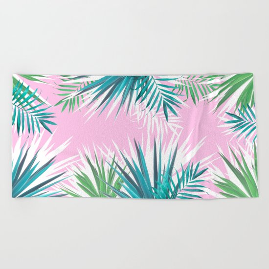 Tropical leaves pink and turquoise Beach Towel
