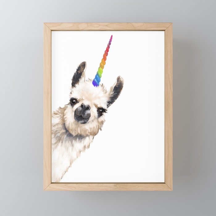 Sneaky Unicorn Llama White Framed Mini Art Print