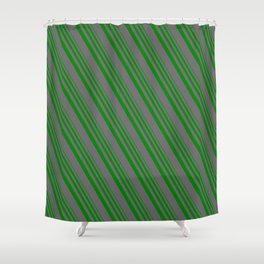 [ Thumbnail: Green & Dim Grey Colored Stripes/Lines Pattern Shower Curtain ]