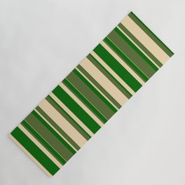[ Thumbnail: Dark Olive Green, Tan, and Dark Green Colored Lined/Striped Pattern Yoga Mat ]
