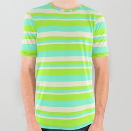 [ Thumbnail: Light Green, Aquamarine & Beige Colored Lines/Stripes Pattern All Over Graphic Tee ]
