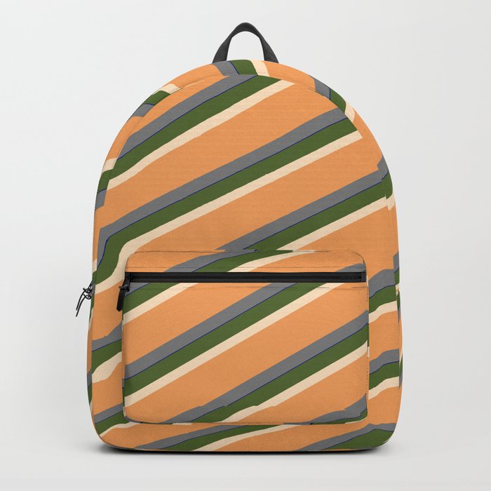 Vibrant Dark Olive Green, Bisque, Brown, Gray, and Dark Blue Colored Striped Pattern Backpack