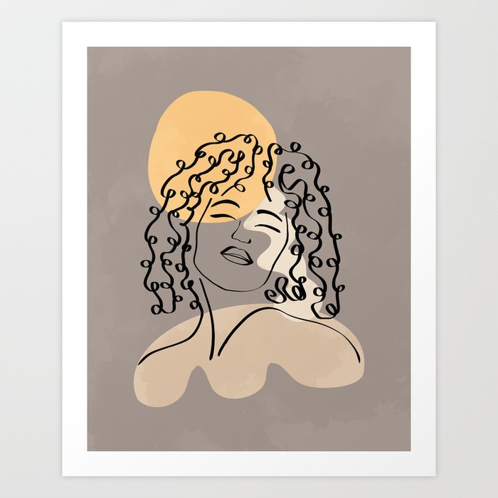 Minimalist line art of a female face with long curly hair, minimal lines and shapes art Art Print