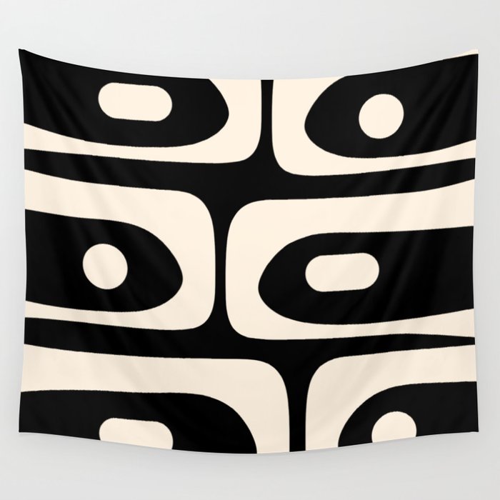 Mid Century Modern Piquet Abstract Pattern in Black and Almond Cream Wall Tapestry