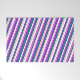 [ Thumbnail: Eye-catching Pink, Mint Cream, Orchid, Dark Orchid & Dark Cyan Colored Stripes Pattern Welcome Mat ]