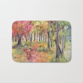 Autumn Woodlands Bath Mat | Ink, Forestlandscape, Woodlandtrees, Drawing, Redmaples, Nature, Fall, Illustration, Watercolorlandscape, Natureart 