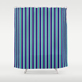 [ Thumbnail: Light Coral, Blue, Tan & Light Sea Green Colored Stripes/Lines Pattern Shower Curtain ]