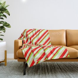 [ Thumbnail: Light Green, Mint Cream, Pale Goldenrod & Red Colored Stripes/Lines Pattern Throw Blanket ]