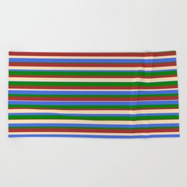 [ Thumbnail: Tan, Royal Blue, Green, and Brown Colored Stripes/Lines Pattern Beach Towel ]