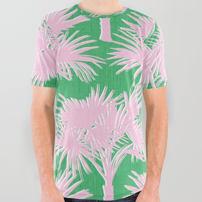 Retro Palm Trees Pastel Pink and Kelly Green All Over Graphic Tee