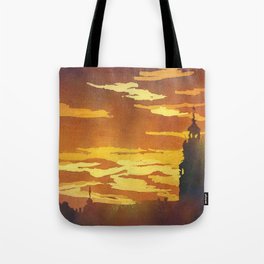 Orange sunset with silhouette of church bell tower in Tabor, Czech Republic.  Watercolor painting or Tote Bag