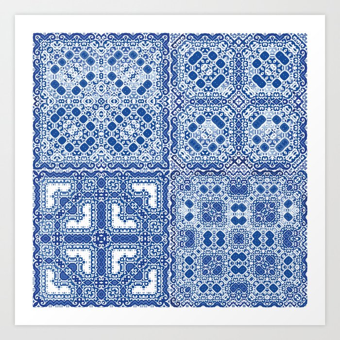 Traditional ornate portuguese azulejos. Fashionable design. Kit of vintage seamless patterns. Blue abstract background Art Print