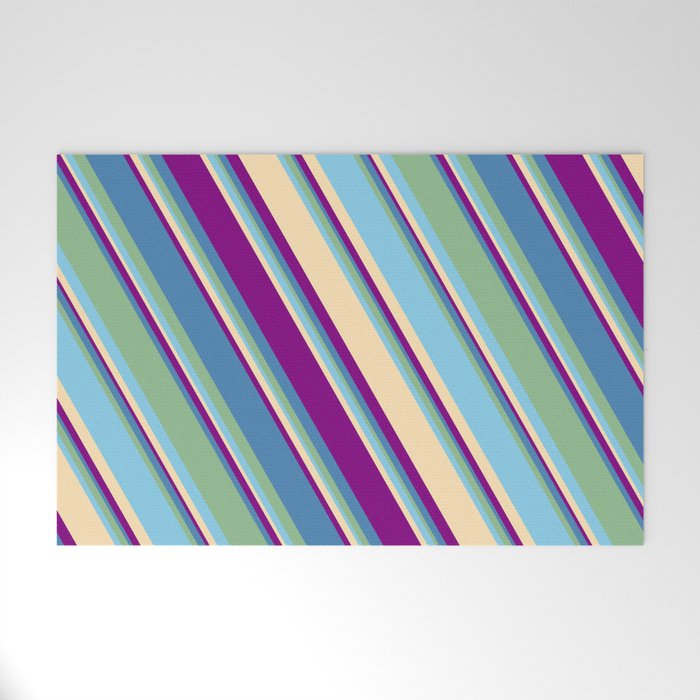 Eyecatching Blue, Dark Sea Green, Sky Blue, Beige, and Purple Colored Lines Pattern Welcome Mat