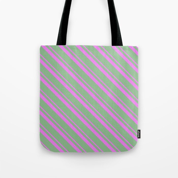Violet & Dark Sea Green Colored Striped/Lined Pattern Tote Bag
