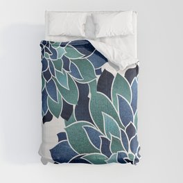 Festive, Floral Prints, Navy Blue and Teal on White Comforter